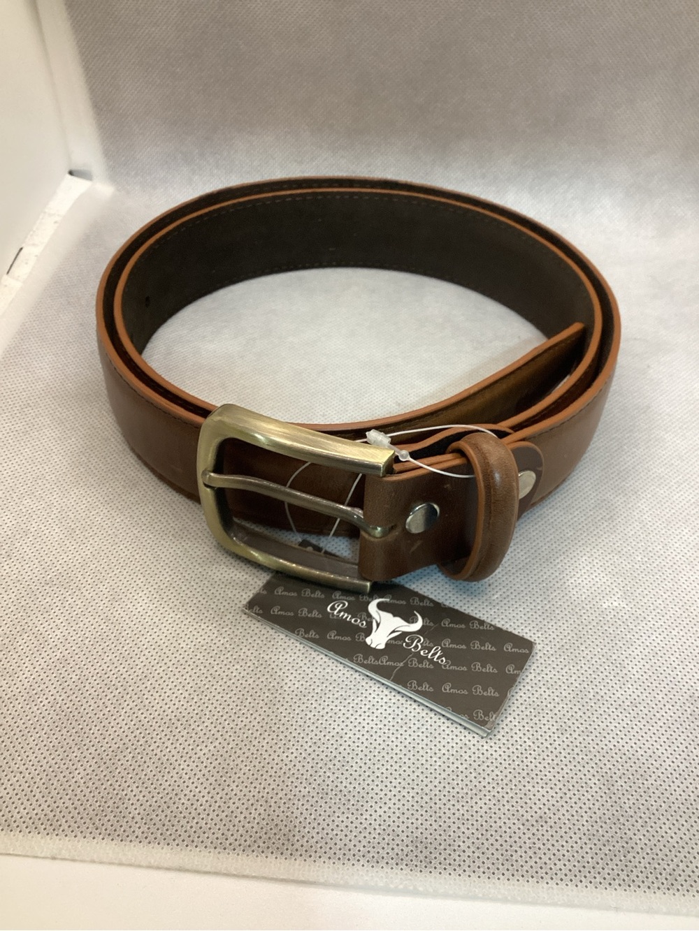 Amos Belts Brown Genuine Leather Belt Brass Buckle Unisex Casual Dress